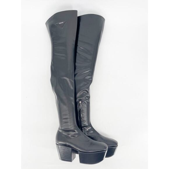 Prada Black Stretch Leather Padded Logo Over the Knee 70mm Platform Boot IT 37 - Picture 5 of 16